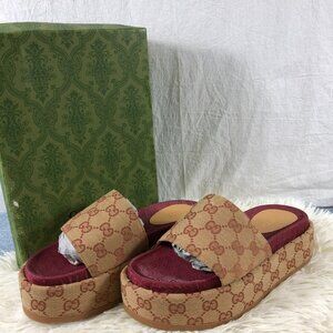 GUCCI Monogram Angelina Platform Sandals Slides